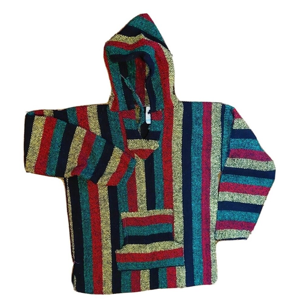 La Malinche Capuchca L Mexican Poncho Pullover Hoodie Rainbow Striped